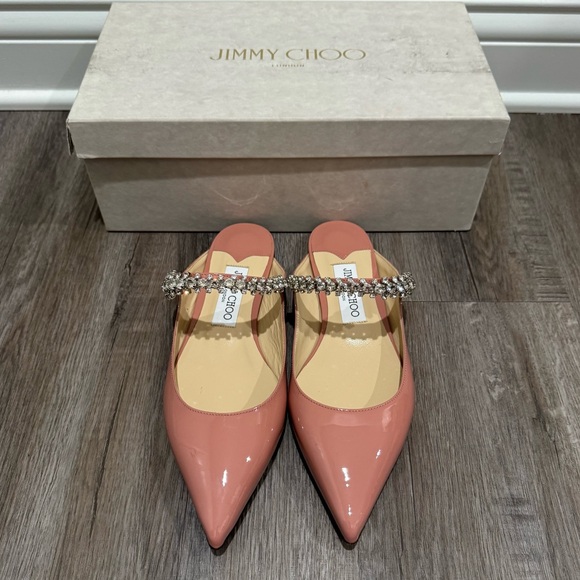Jimmy Choo Bing Embellished Strap Point Toe Blush Patent Leather Pump Flats - Picture 3 of 16
